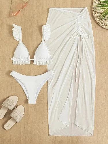 3 Piece White Bikini Set with Maxi Skirt - SHExFAB