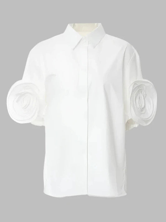 3D Flower Short Sleeve Cotton Button Up Shirt - SHExFAB