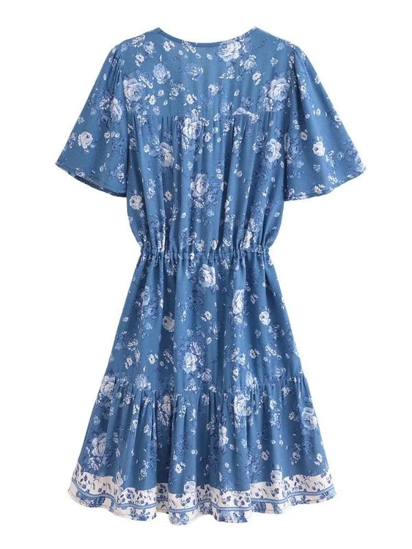 Blue V-Neck Front Button Boho Mini Floral Dress - SHExFAB