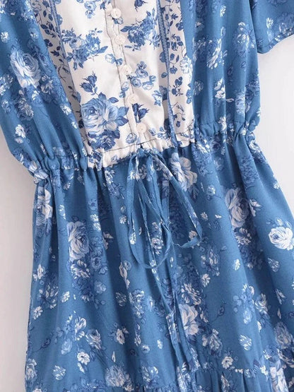 Blue V-Neck Front Button Boho Mini Floral Dress - SHExFAB