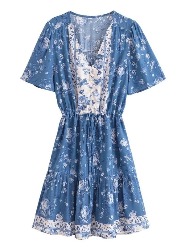 Blue V-Neck Front Button Boho Mini Floral Dress - SHExFAB