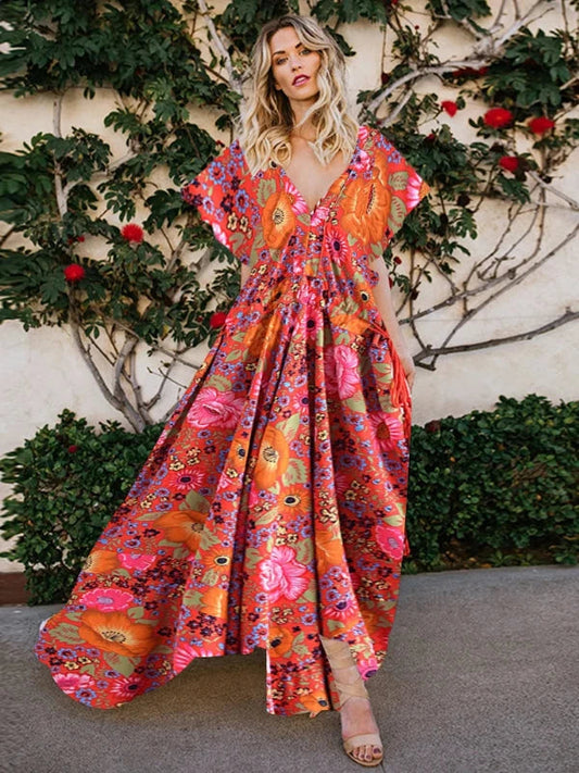 Bohemian Batwing Sleeve Cotton Long Floral Dress - SHExFAB