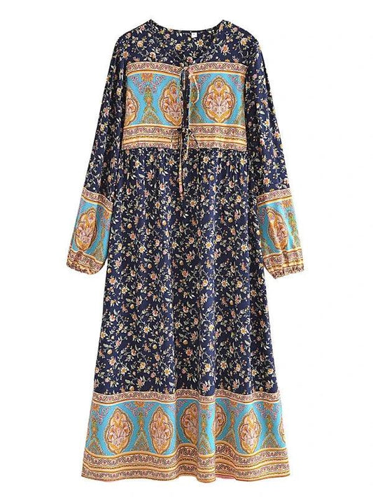 Bohemian Tie-Up Bow Casual Floral Loose Long Dress - SHExFAB