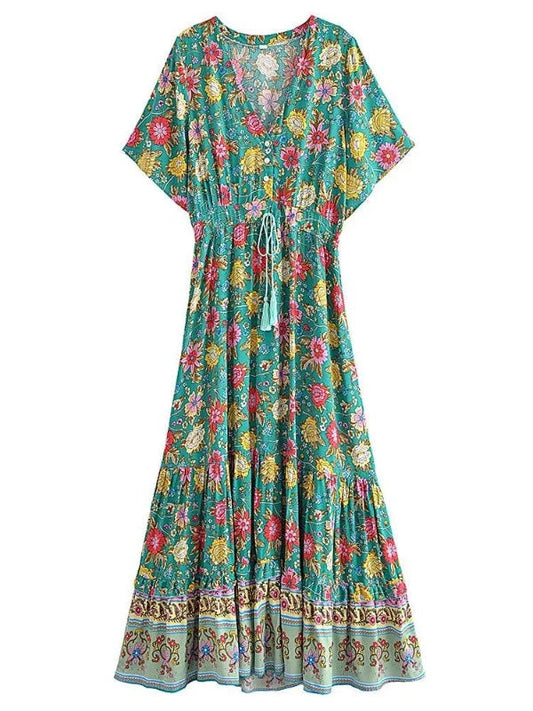 Boho V-Neck Green A-Line Maxi Floral Dress - SHExFAB