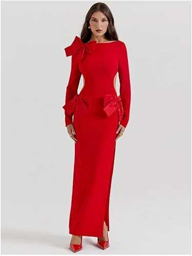 Bow Backless Long Sleeve Red DRess - SHExFAB