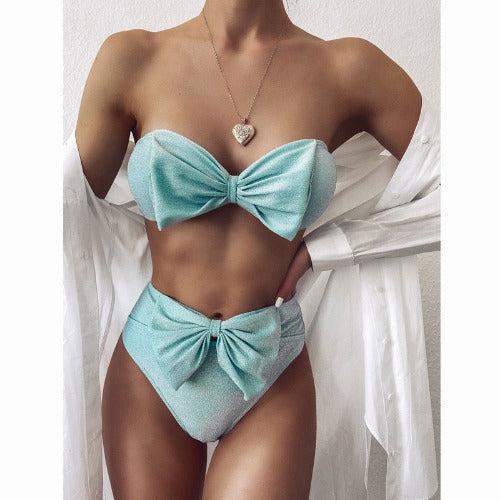 Bow Tube Top and High Waist Bikini Set - SHExFAB