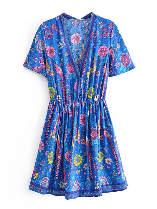 Deep V-Neck Blue Floral Mini Summer Dress - SHExFAB