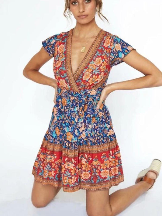 Deep V-Neck Cross Wrap Mini Blue Floral Dress - SHExFAB