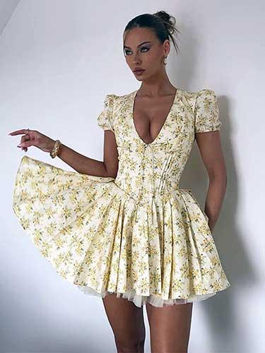 Deep V-Neck Puff Sleeve Mini Flower Corset Dress - SHExFAB