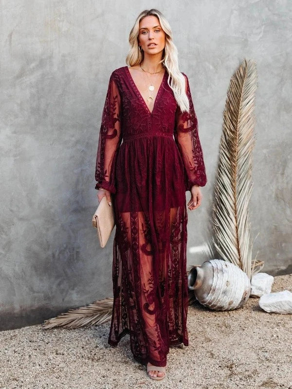 Deep V-neck Embroidery Floral Lace Bohemian Maxi Dress - SHExFAB