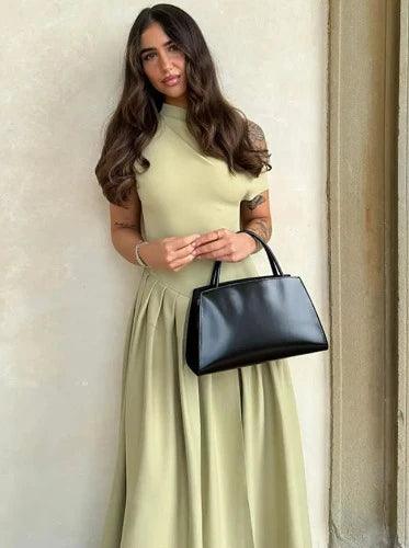 Elegant Green Short Sleeve Long Pleated Dress - SHExFAB