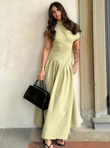 Elegant Green Short Sleeve Long Pleated Dress - SHExFAB