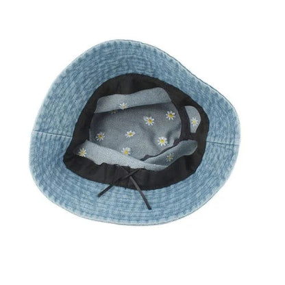 Embroidery Flower Fordable Washed Denim Bucket Hat - SHExFAB