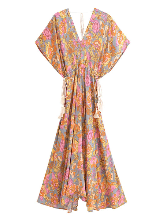 Floral Batwing Sleeve Tassel Drawstring Maxi Floral Dress - SHExFAB