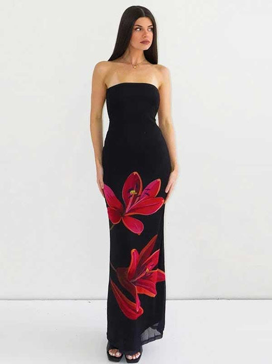 Floral Lace-Up Backless Black Tube Maxi Dress - SHExFAB