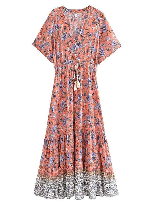 Floral Short Sleeve Summer Boho Maxi Dress - SHExFAB