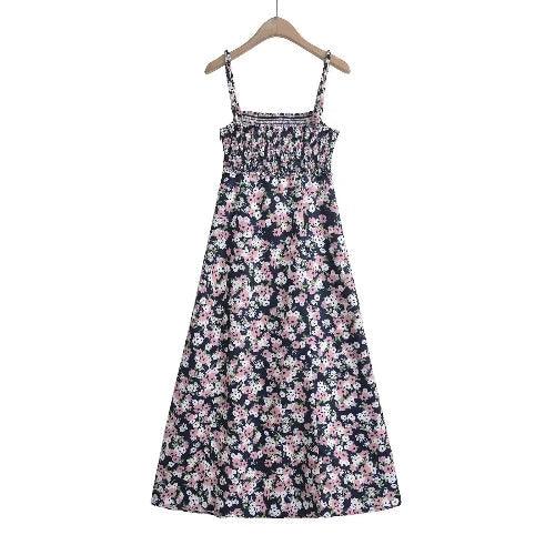 Floral Slit Long A-Line Smocked Dress - SHExFAB