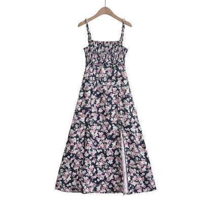 Floral Slit Long A-Line Smocked Dress - SHExFAB