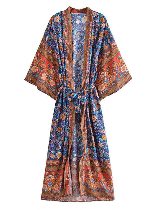 Floral V-Neck Batwing Sleeve Boho Kimono Cover Up - SHExFAB