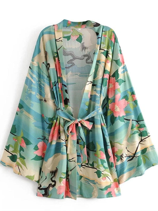 Green Floral Print Batwing Sleeve Bohemian Kimono Robe - SHExFAB