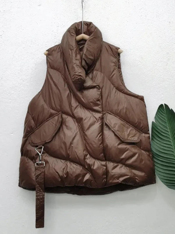 Brown Zipper Duck Down Windproof Coat Vest