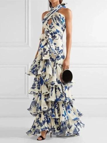 Halter Floral Ruffle Long Swing Dress