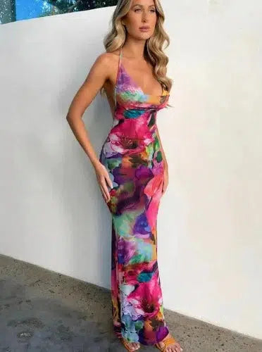 Halter Long Bodycon Floral Dress - SHExFAB