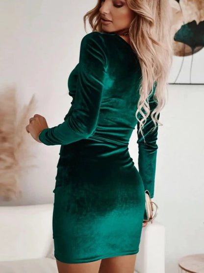 V-Neck Long Sleeve Draped Velvet Bodycon Party Dress