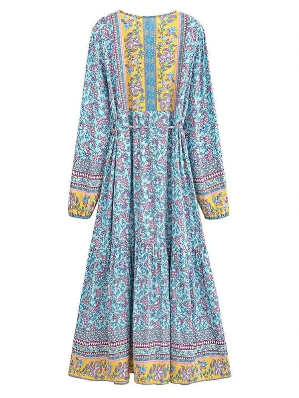 Lace-Up Tassel Blue Floral Bohemian Long Sleeve Dress - SHExFAB