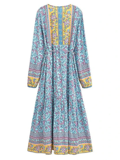 Lace-Up Tassel Blue Floral Bohemian Long Sleeve Dress - SHExFAB