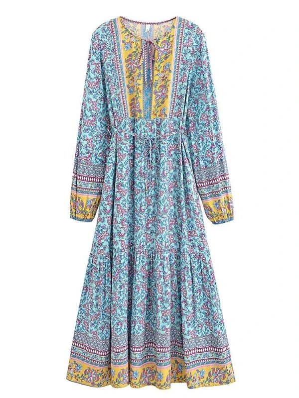 Lace-Up Tassel Blue Floral Bohemian Long Sleeve Dress - SHExFAB