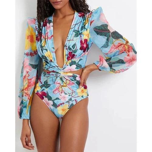 Low Cut Chiffon Sleeve One-Piece Floral Swimsuit - SHExFAB