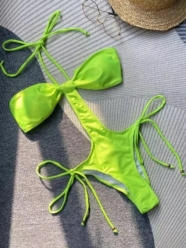 Neon Green Halter Monokini Swimsuit