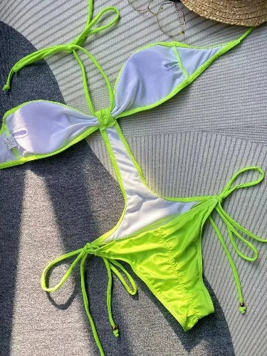 Neon Green Halter Monokini Swimsuit
