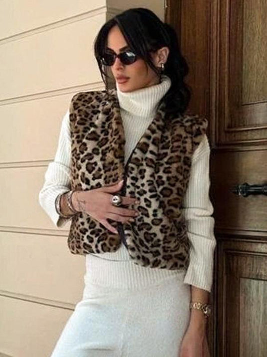 V-Neck Warm Plush Short Leopard Faux Fur Vest