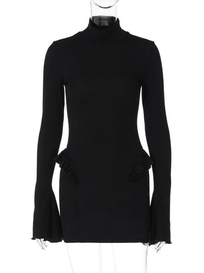 Turtleneck Flare Sleeve Mini Black Dress