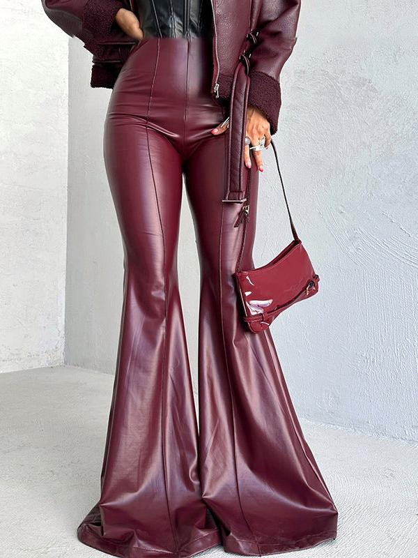 High Waist Zipper Floor Length Faux Leather Flare Pants