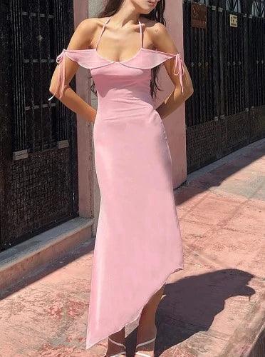 Off Shoulder Halter Long Pink Dress - SHExFAB