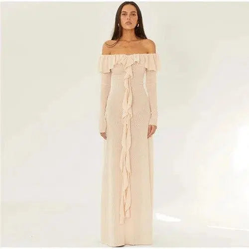 Off The Shoulder Long Sleeve Ruffle Maxi Dress - SHExFAB