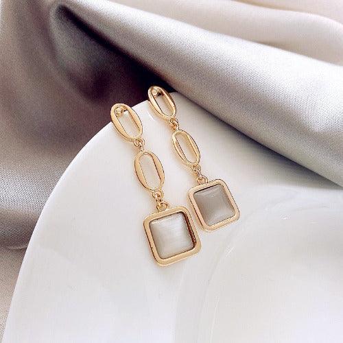 Opal Square Drop Gold Earrings