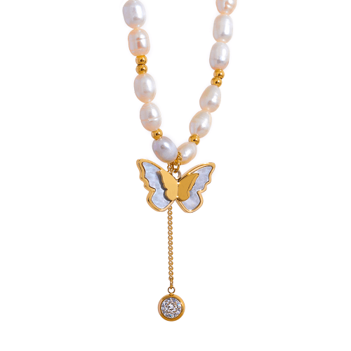 Pearl Chain Butterfly Pendant Necklace