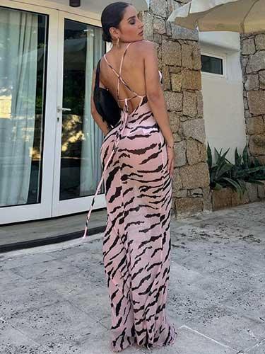 Pink Zebra Print Lace-Up Backless Maxi Sheer Dress - SHExFAB