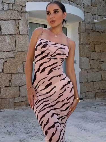 Pink Zebra Print Lace-Up Backless Maxi Sheer Dress - SHExFAB