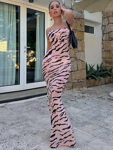 Pink Zebra Print Lace-Up Backless Maxi Sheer Dress - SHExFAB