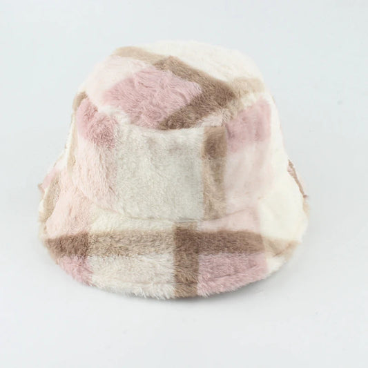 Plaid Faux Fur Warm Bucket Hat - SHExFAB