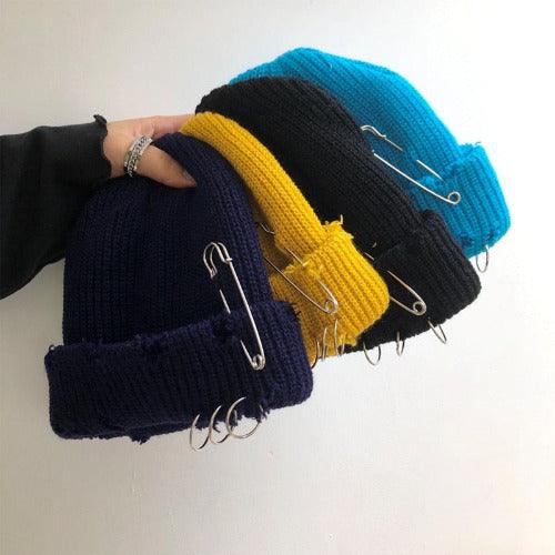 Punk Pins Ripped Knitted Beanie