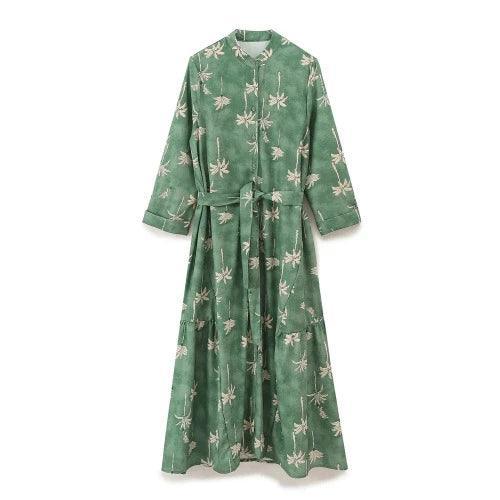 Quarter Sleeve Button-Down Long Green Floral Dress - SHExFAB