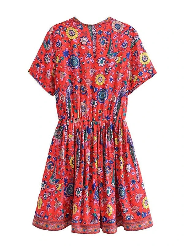 Red Floral Peacock Short Sleeve Summer Mini Dress - SHExFAB