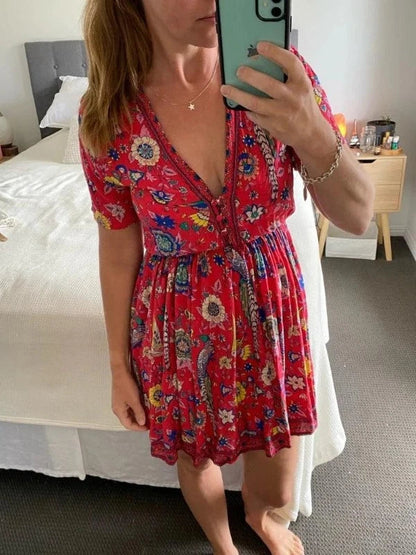 Red Floral Peacock Short Sleeve Summer Mini Dress - SHExFAB