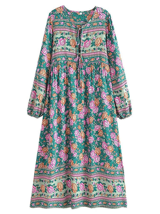 Relaxed Fit Floral Boho Maxi Dress with Sleeves - SHExFAB